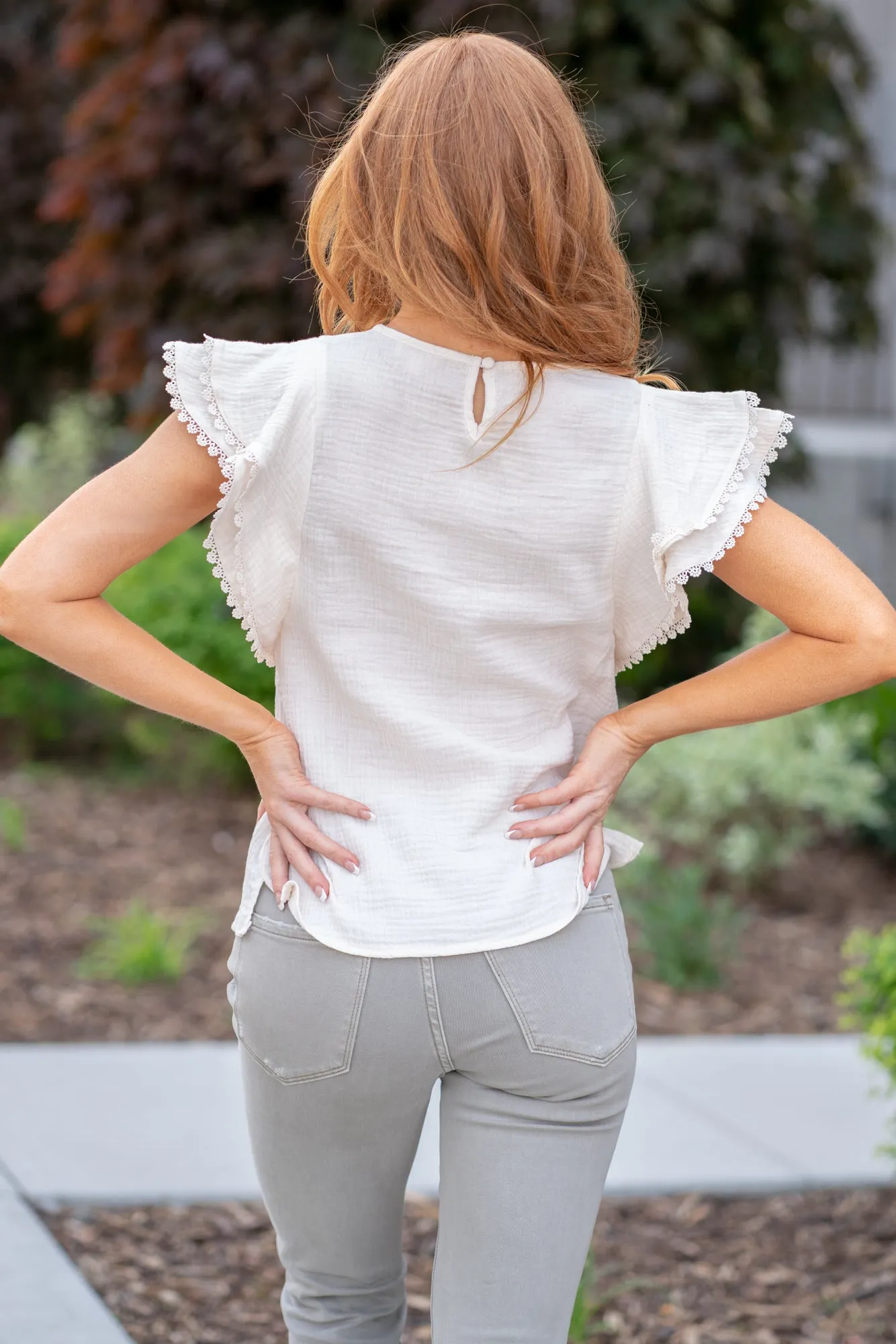 Flutter Sleeve Texture Woven Top - Cream