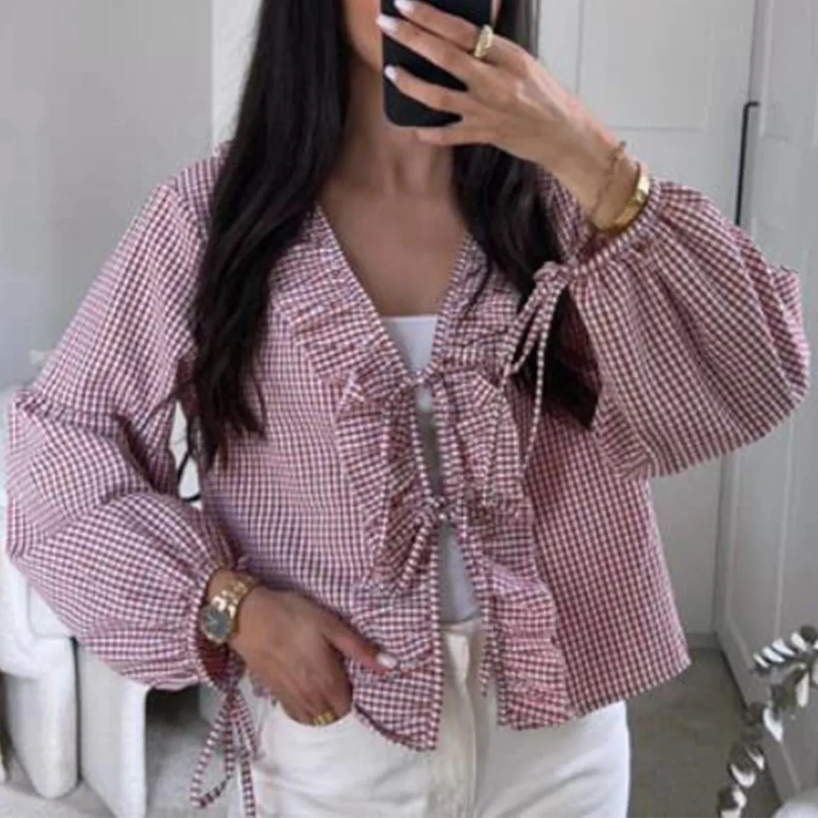 Girlary Women Y2K Puff Long Sleeve Peplum Shirts Tie Front Pan Collar Ruffle Babydoll Blouse Teen Girls Cute Going Out Tops