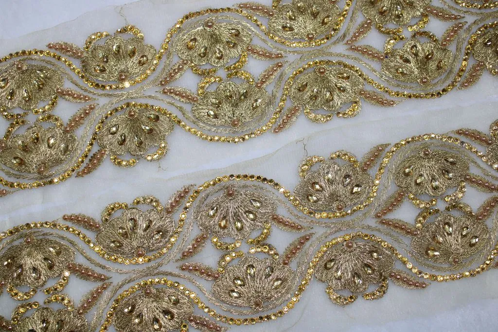 Golden Embellished Stone Zari Work Embroidered Border