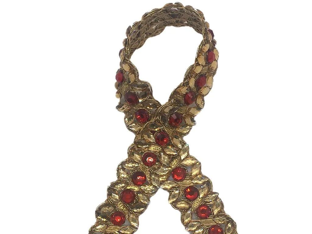 Golden Red Circular Stone Work Embroidered Border