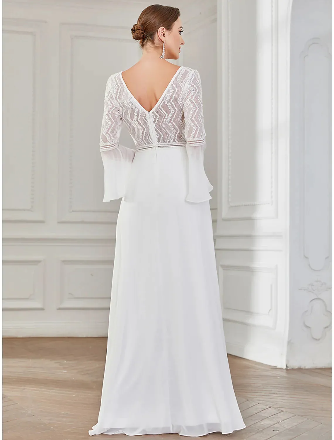 Hall Boho Wedding Dresses Floor Length A-Line Long Sleeve V Wire V Neck Chiffon With Lace Solid Color