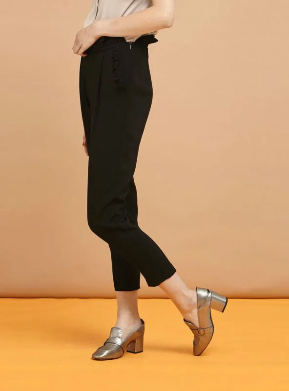 High Waist Solid Black Elastic Waist Casual Pants