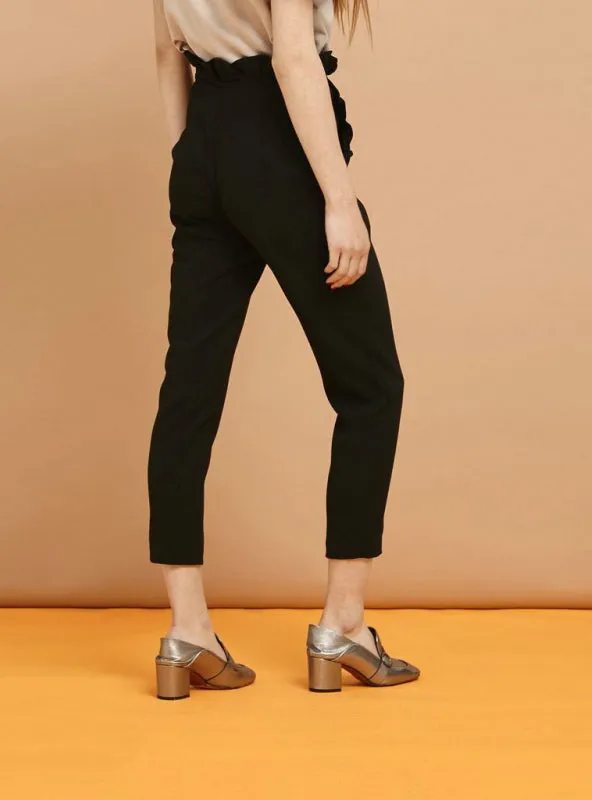 High Waist Solid Black Elastic Waist Casual Pants