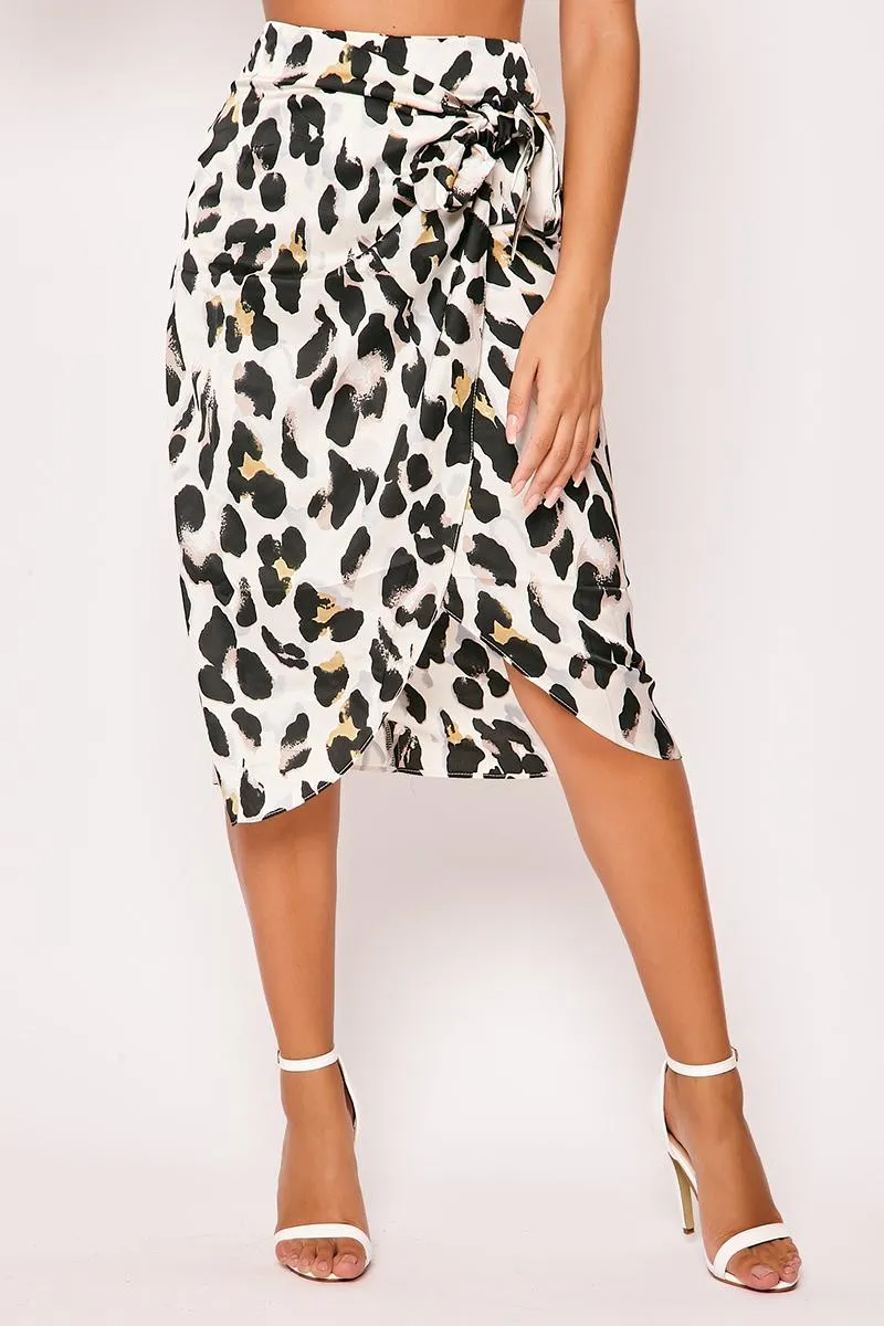 Indiyah - White Leopard Side Tie Up Satin Skirt