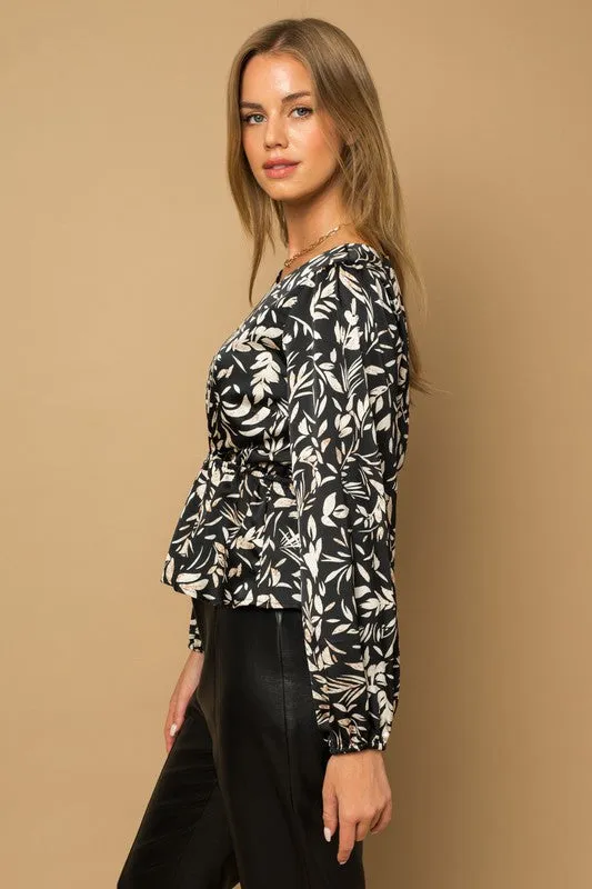 Irresistible Black and Taupe Floral Long Sleeve Peplum Top