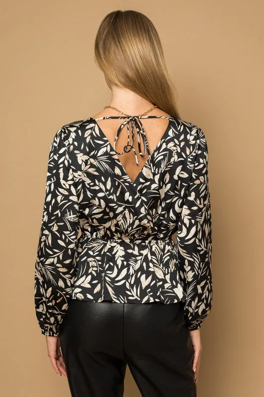 Irresistible Black and Taupe Floral Long Sleeve Peplum Top