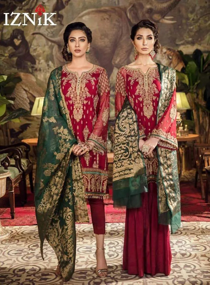 Iznik Chiffon Dresses - Embroidered Organza Dupatta - Replica - Unstitched