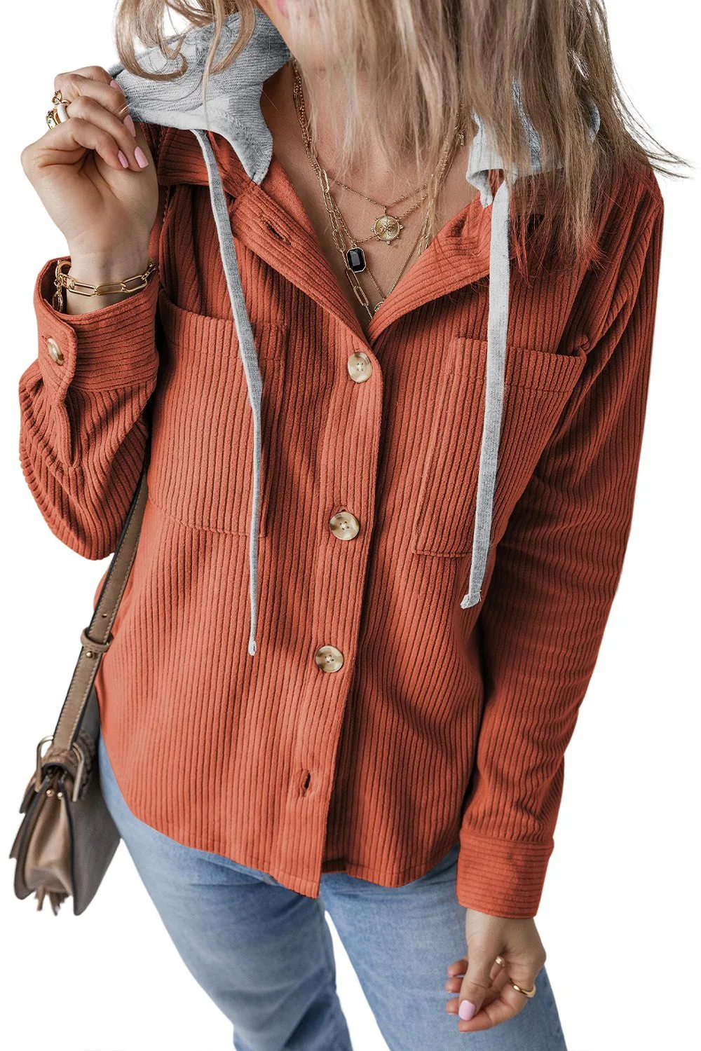 Ladies Lapel Buttoned Cardigan Hooded Drawstring Striped Jacket