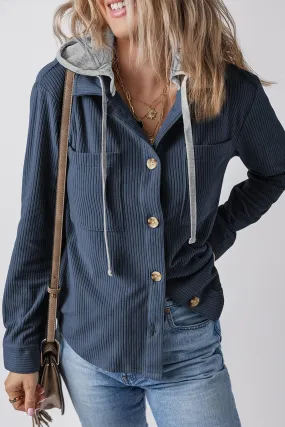 Ladies Lapel Buttoned Cardigan Hooded Drawstring Striped Jacket