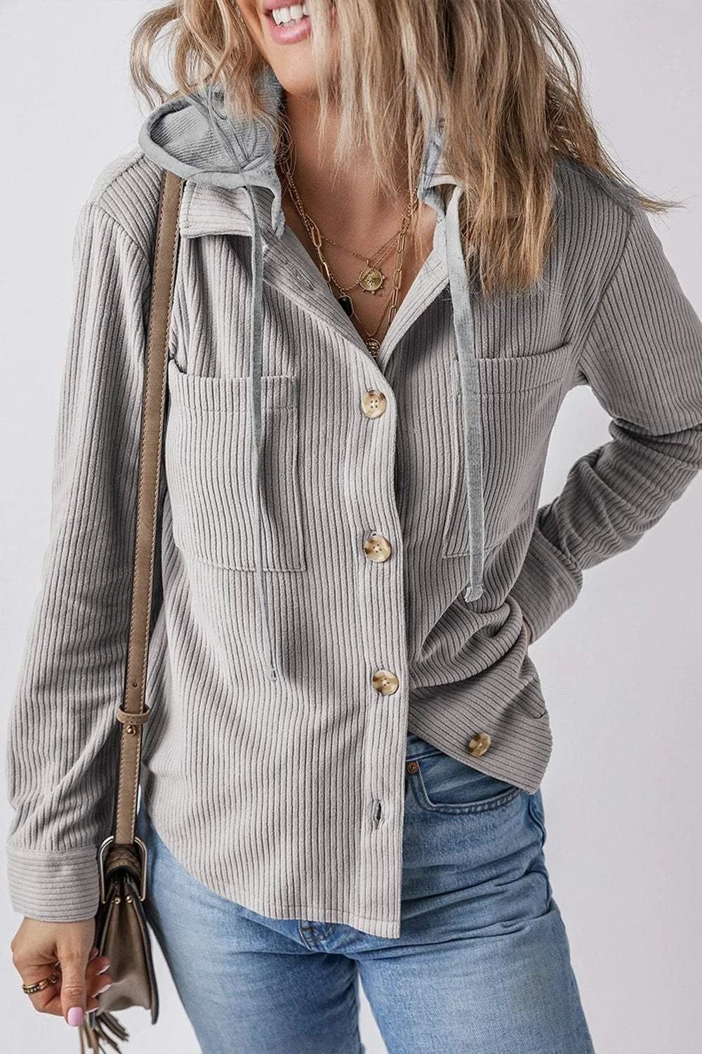 Ladies Lapel Buttoned Cardigan Hooded Drawstring Striped Jacket