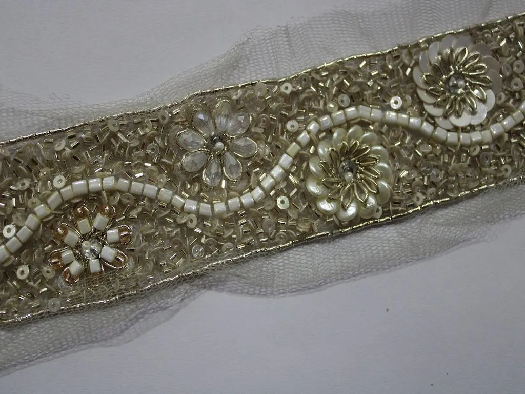 Light Golden Sequins and Beads Work Embroidered Border