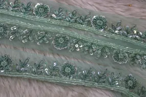 Light Green Floral Sequins and Beads Handwork Embroidered Border