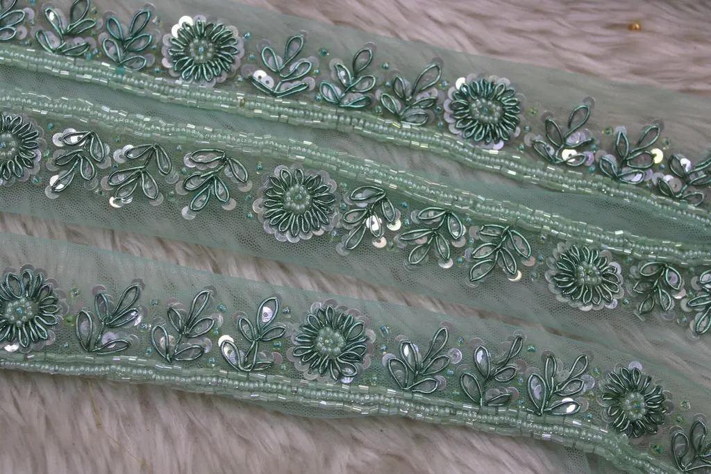 Light Green Floral Sequins and Beads Handwork Embroidered Border