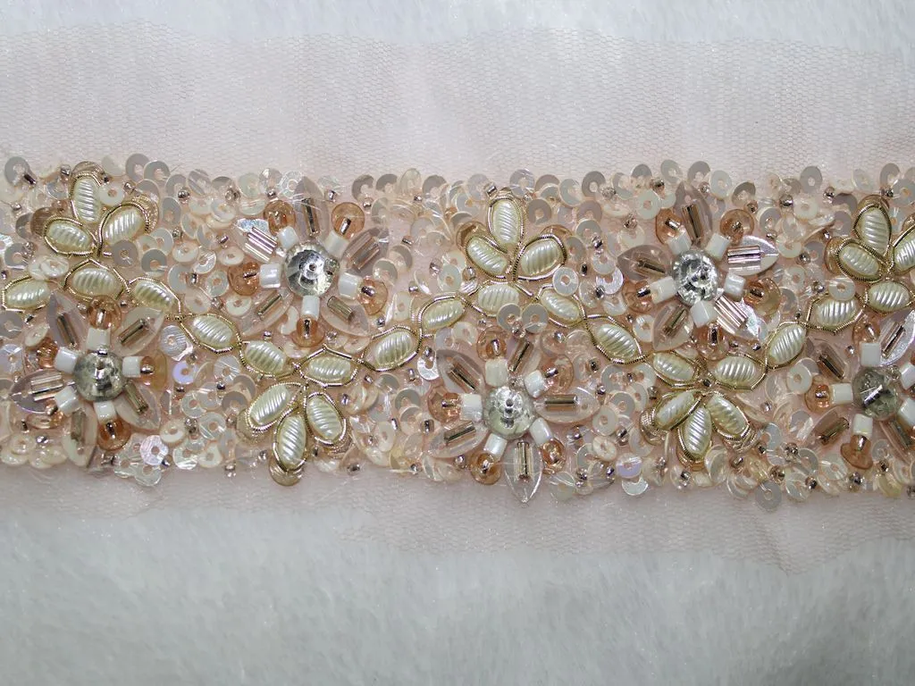 Light Pink Sequins and Beads Work Embroidered Border