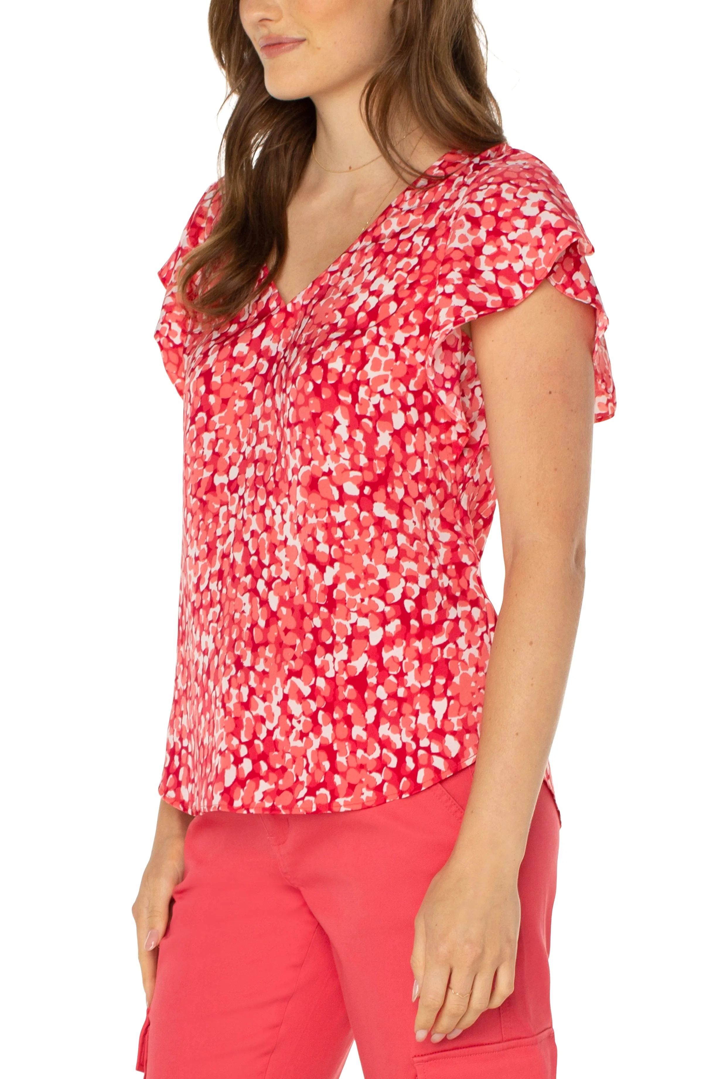 Liverpool Double V-Neck Flutter Sleeve Top (Watermelon Sugar Dip)