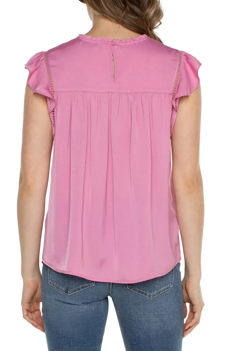 Liverpool Flutter Sleeve Woven Top with Trim Detail (Rose Pink)