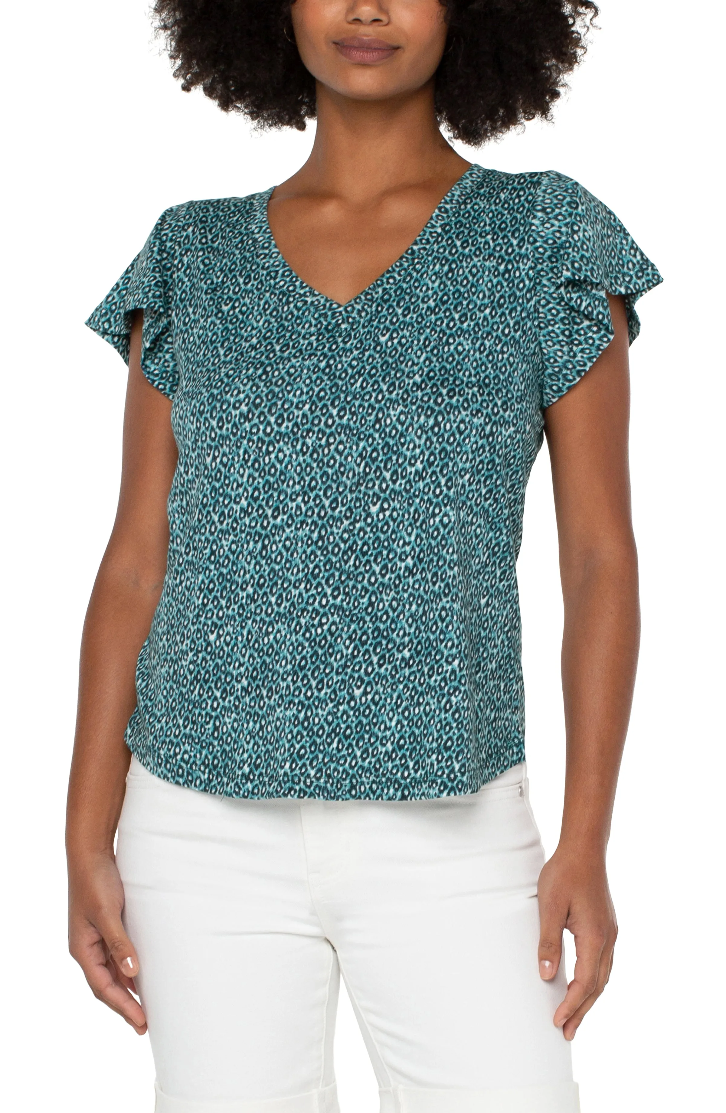 Liverpool v-neck flutter sleeve knit top (teal)