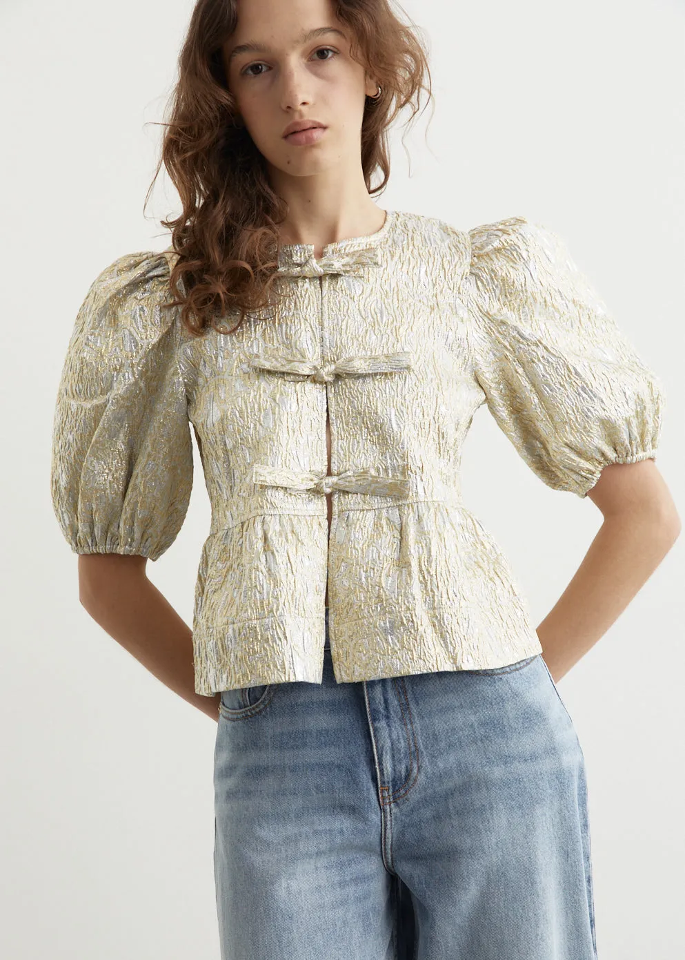 Metallic Cloque Peplum Blouse