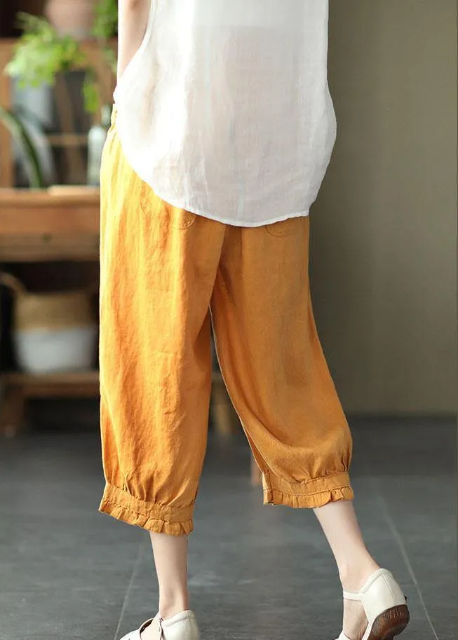 Modern Yellow Loose Ruffled Summer Casual Linen Pants