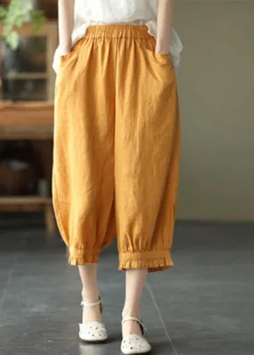 Modern Yellow Loose Ruffled Summer Casual Linen Pants