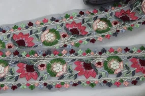 Multicolour Green Floral Thread Work Embroidered Border