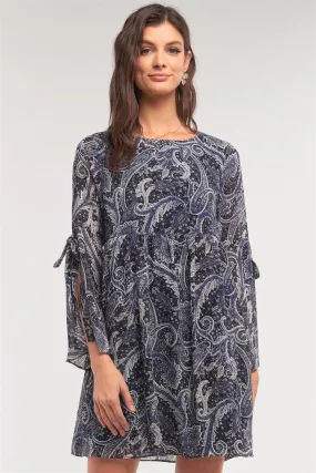 Navy Multicolor Paisley Print Loose Fit Trumpet Sleeve Self-tie Detail Mini Dress