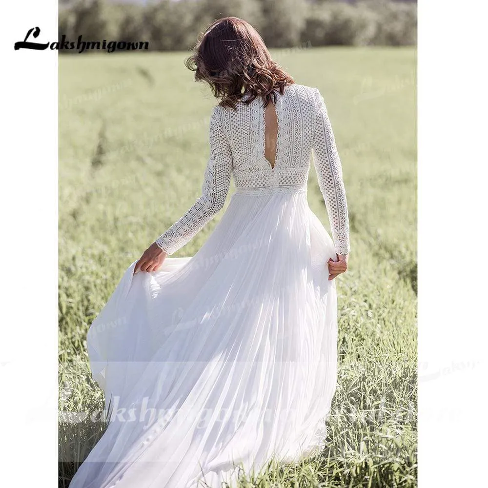 NumberSea Long sleeves lace Wedding Dress Beach Simple Floor Length