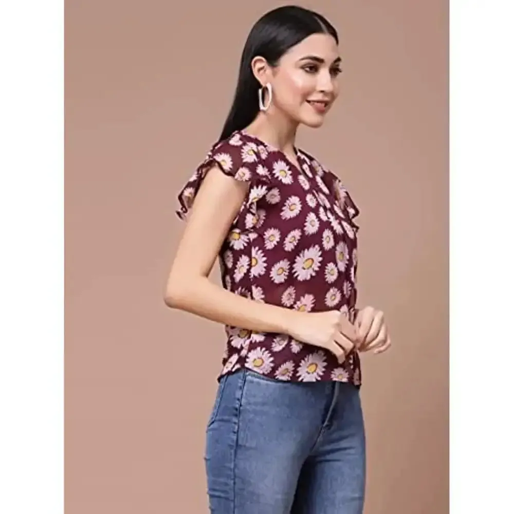 OOMPH! Women's Georgette Printed top with Keyhole Neck and Flutter Sleeve