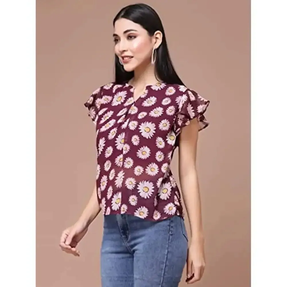 OOMPH! Women's Georgette Printed top with Keyhole Neck and Flutter Sleeve