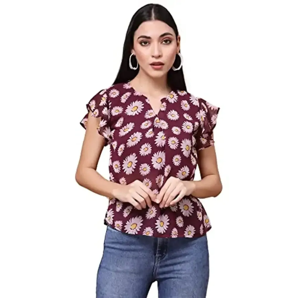 OOMPH! Women's Georgette Printed top with Keyhole Neck and Flutter Sleeve