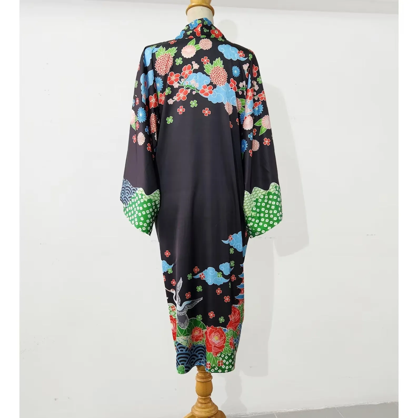 Oriental inspired black kimono robe with Japanese art print