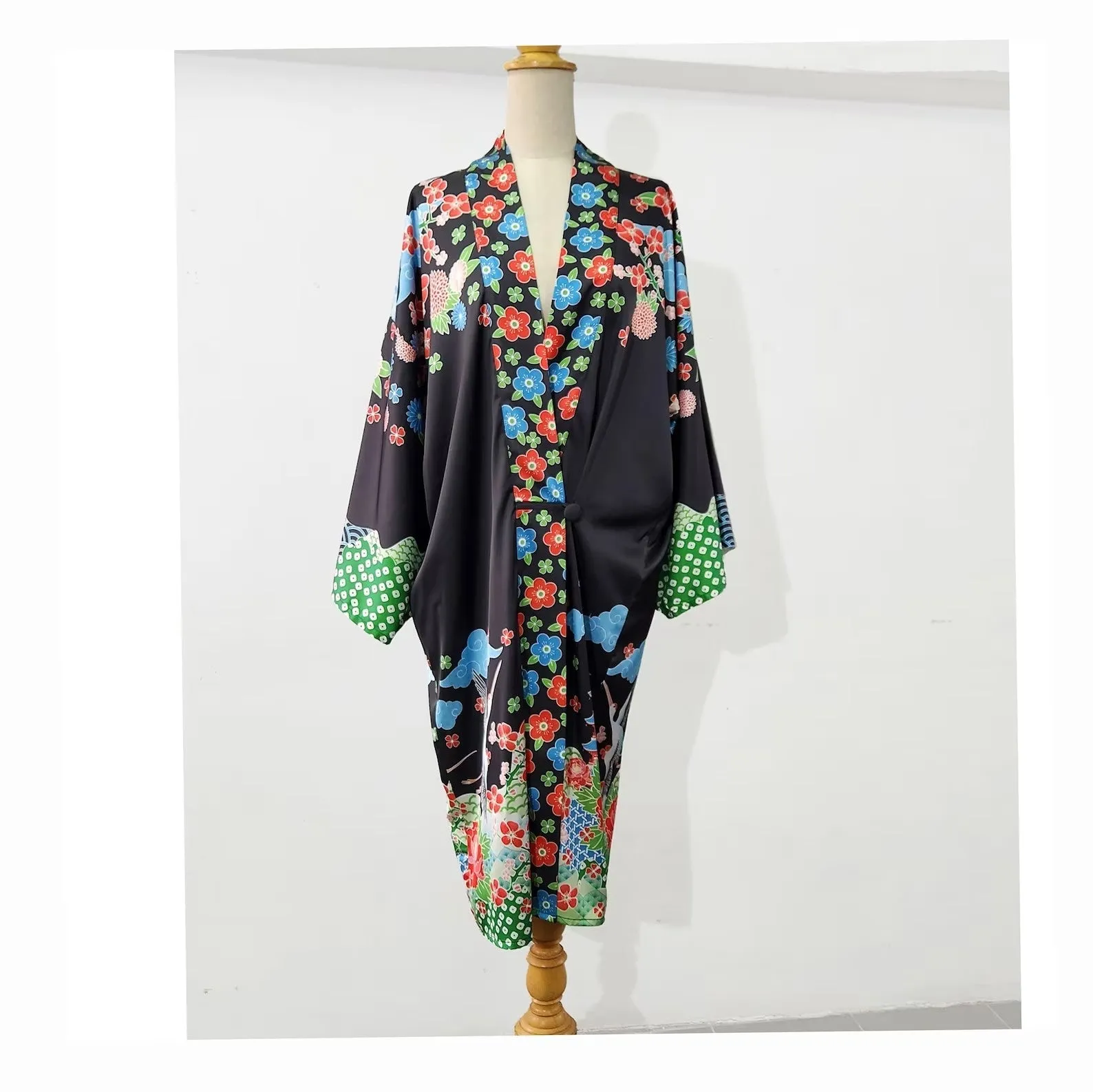 Oriental inspired black kimono robe with Japanese art print