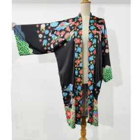 Oriental inspired black kimono robe with Japanese art print