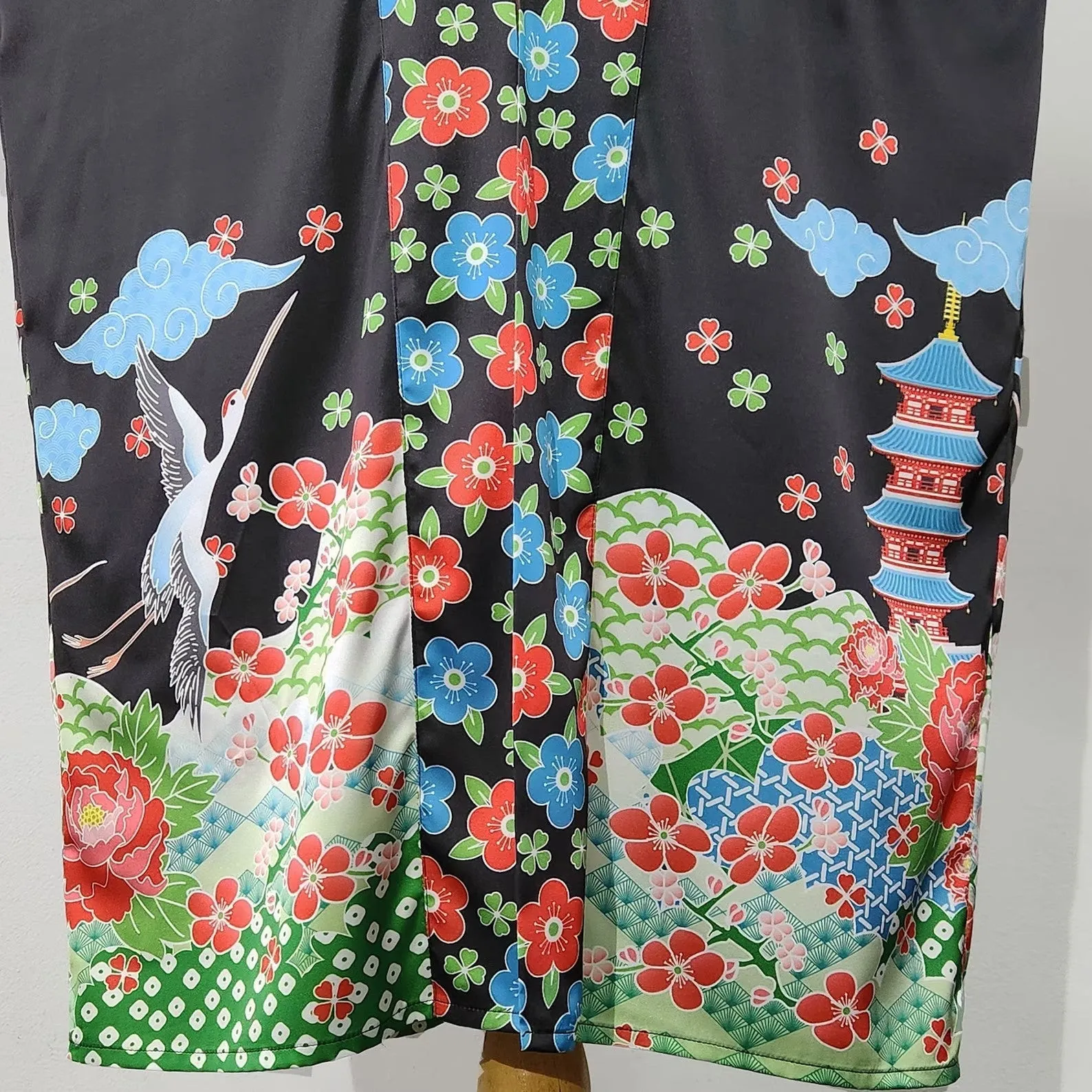 Oriental inspired black kimono robe with Japanese art print