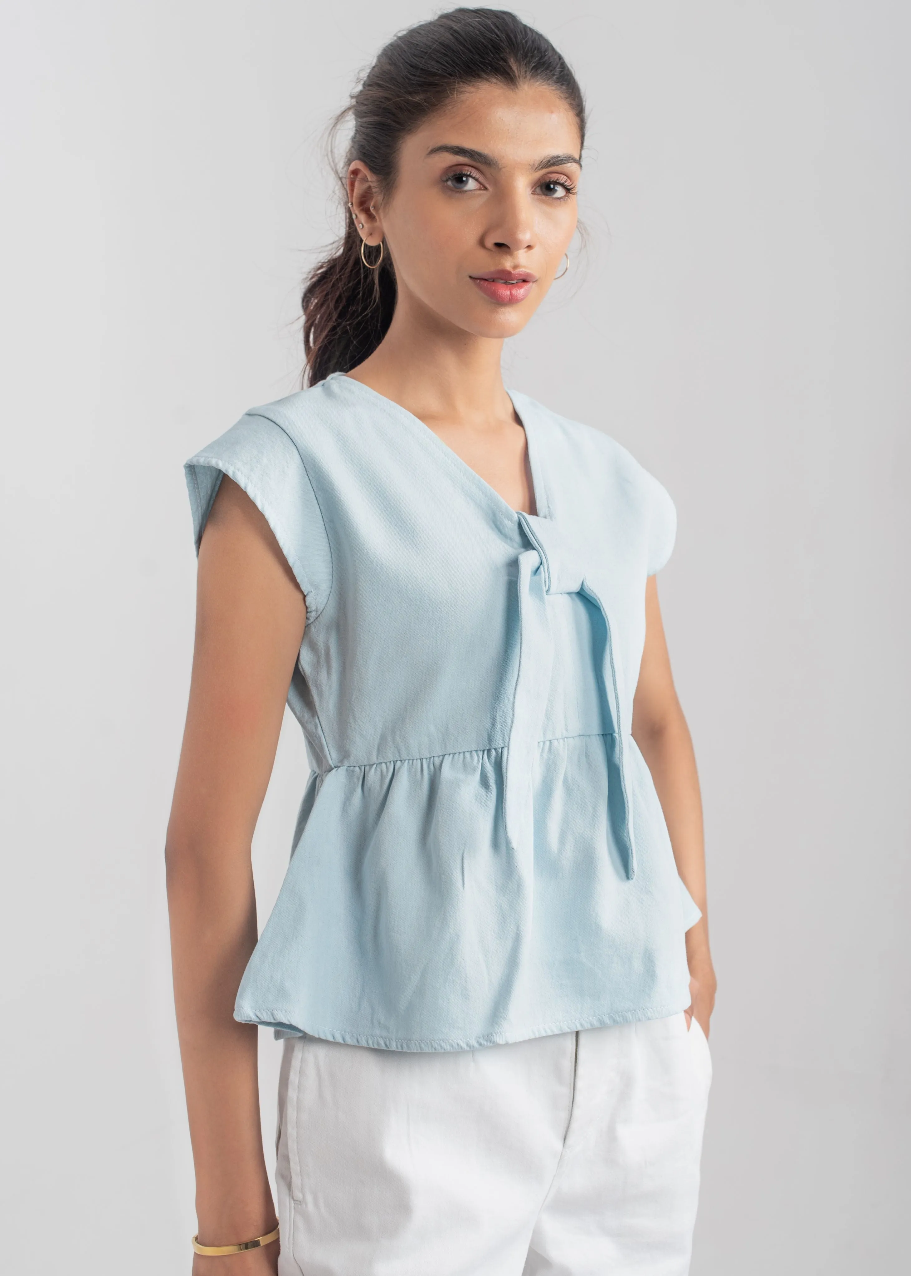 Peplum Bow Top - Pastel Blue