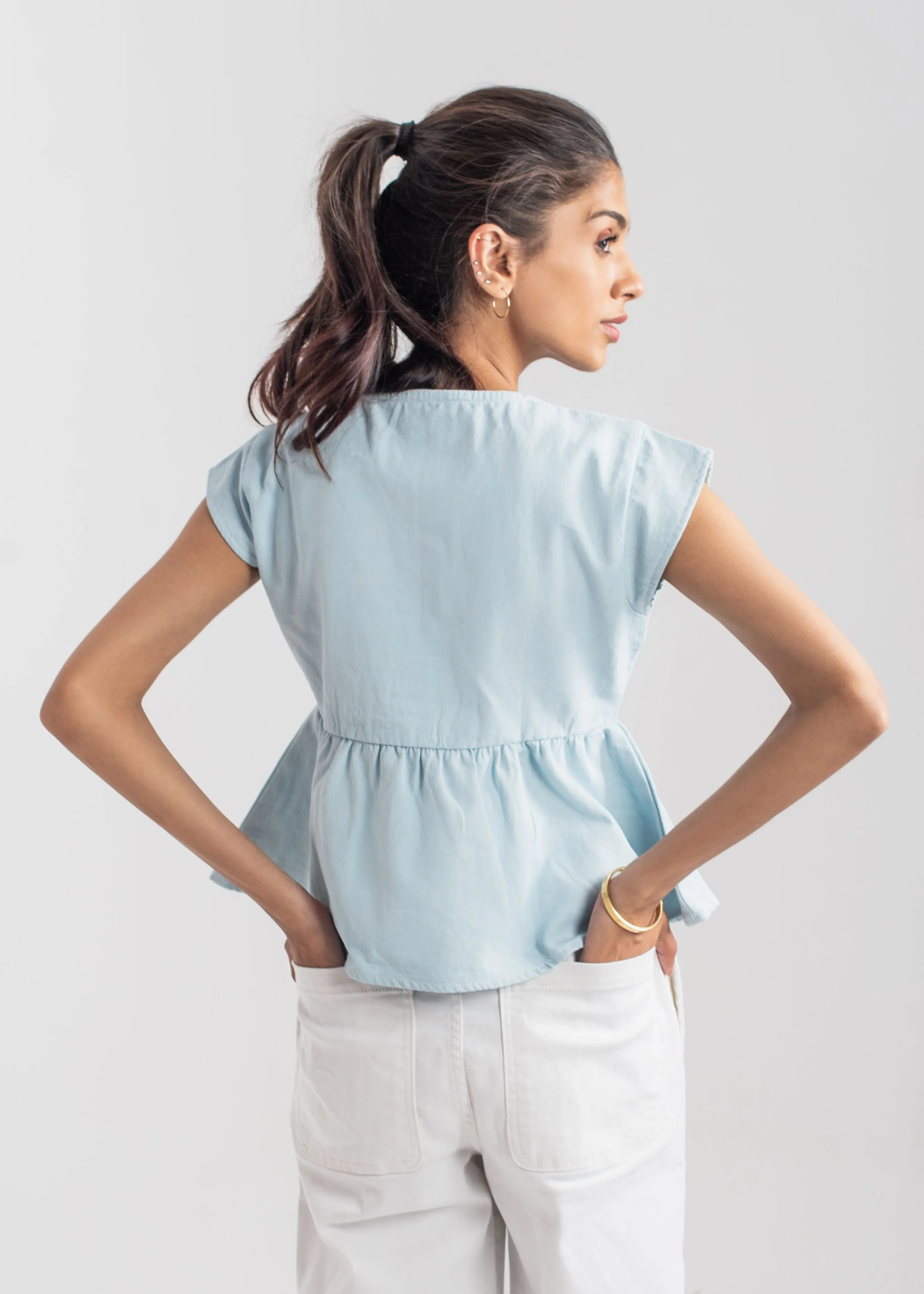 Peplum Bow Top - Pastel Blue