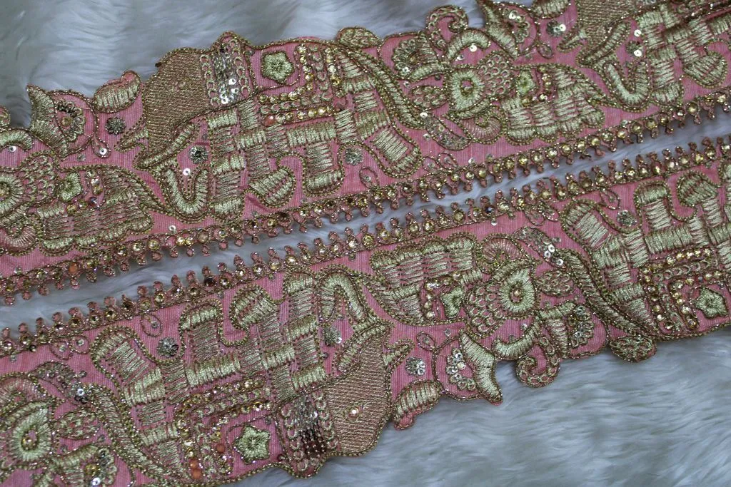 Pink Elephants Zari Work Embroidered Border