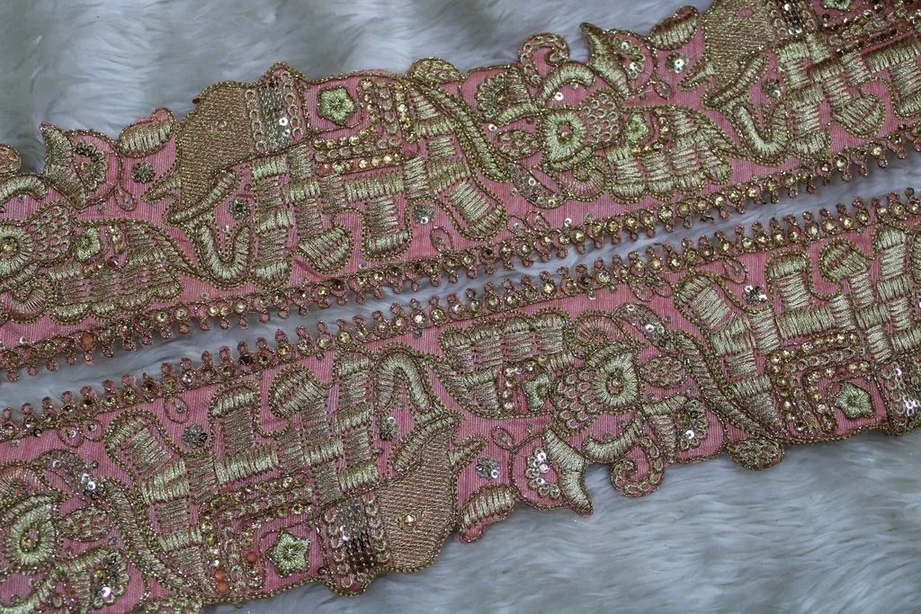 Pink Elephants Zari Work Embroidered Border