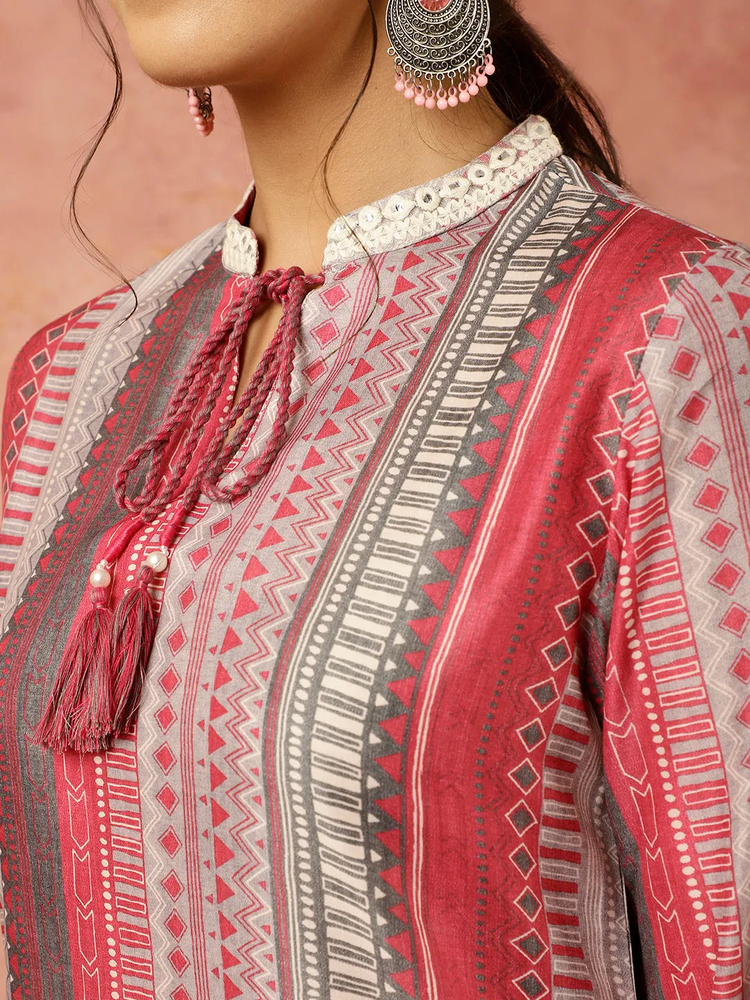 Pink Geometric Printed Short Kurta With Palazzo Co-ord Set