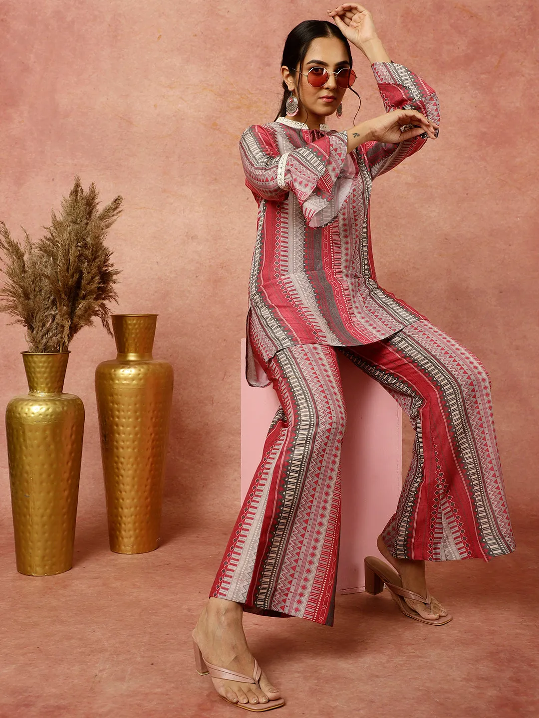 Pink Geometric Printed Short Kurta With Palazzo Co-ord Set