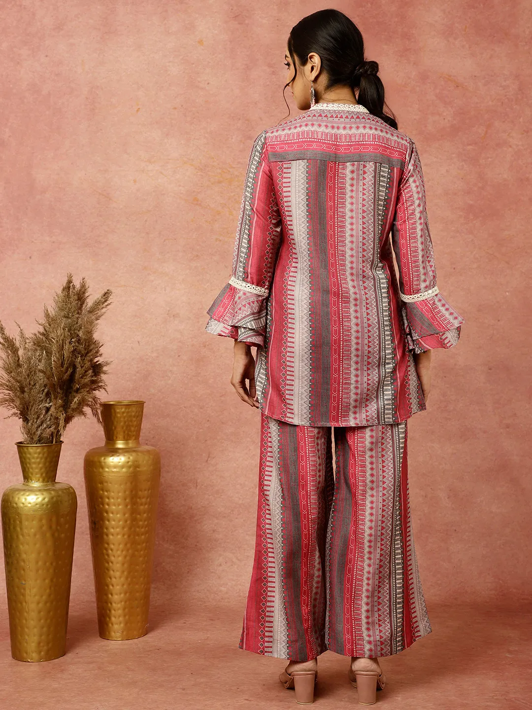 Pink Geometric Printed Short Kurta With Palazzo Co-ord Set