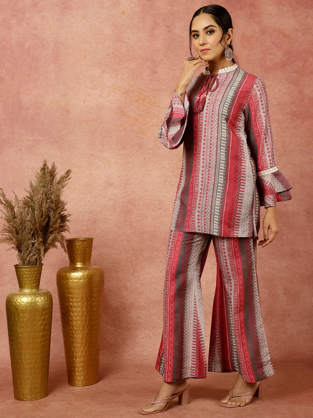 Pink Geometric Printed Short Kurta With Palazzo Co-ord Set