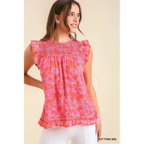 Pink Smocked Floral Ruffle Sleeve Top