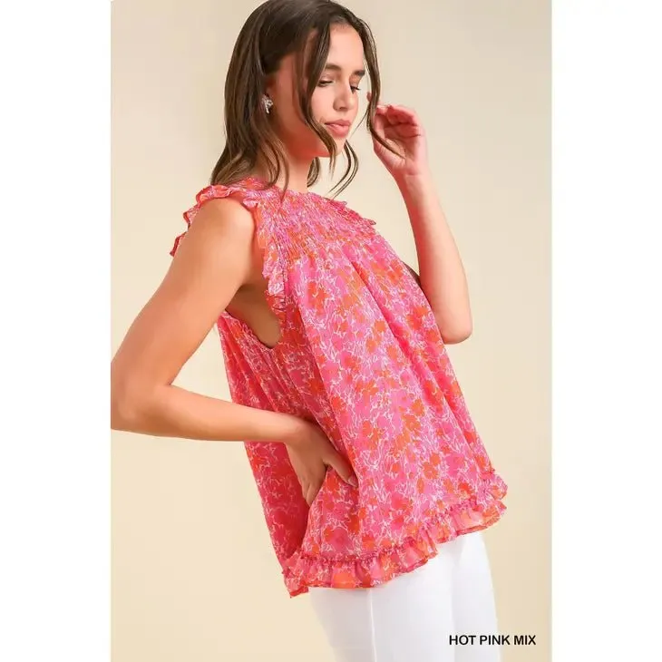 Pink Smocked Floral Ruffle Sleeve Top