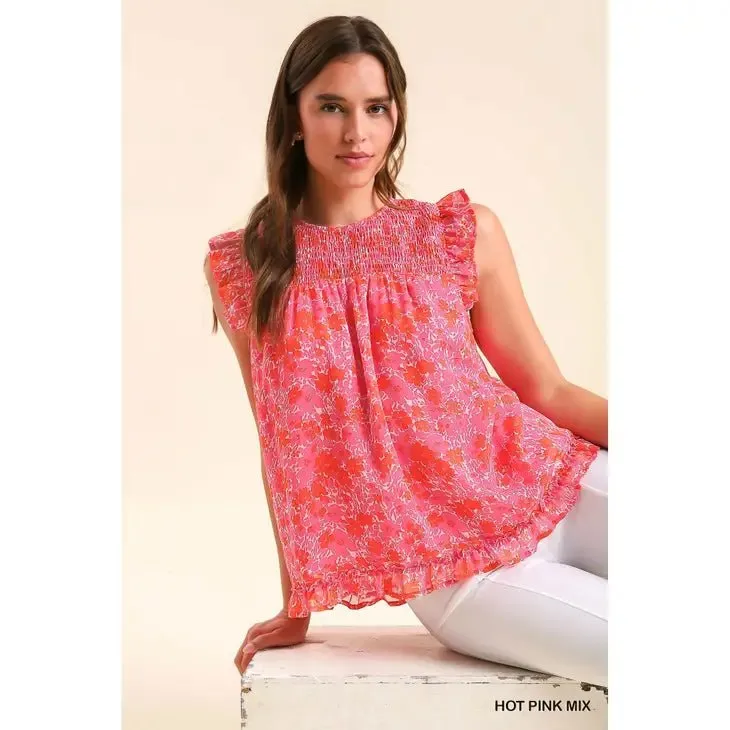 Pink Smocked Floral Ruffle Sleeve Top