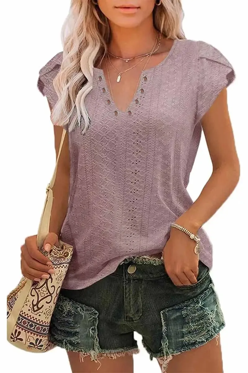 Pink V Neck Lace Short Sleeve T