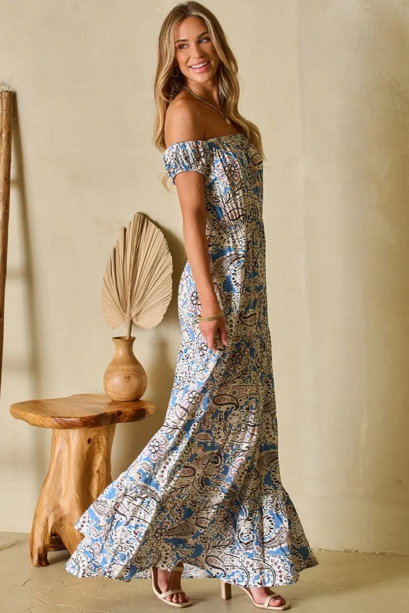 Printed Off The Shoulder Maxi Dress with  Short Sleeve