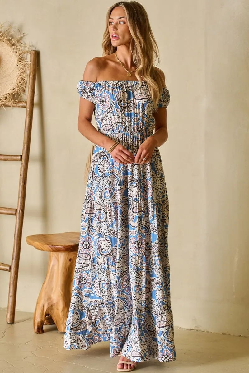 Printed Off The Shoulder Maxi Dress with  Short Sleeve