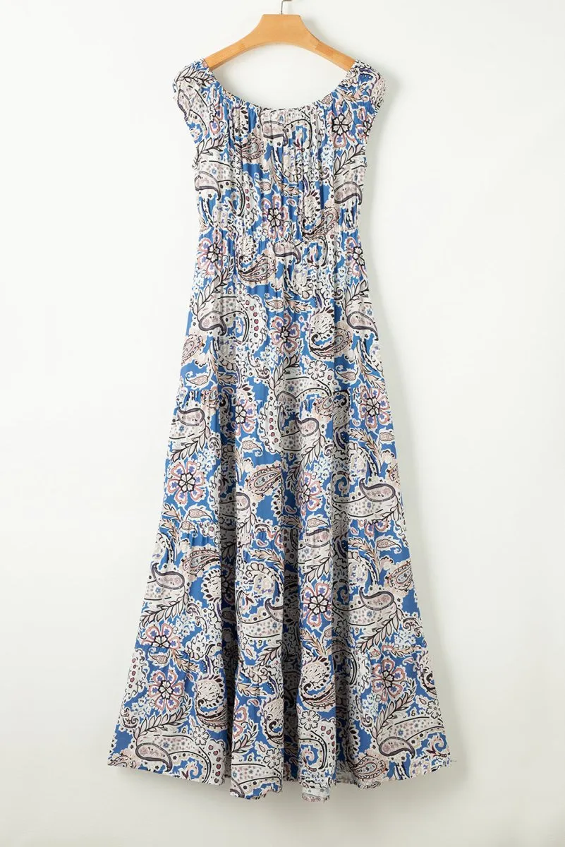 Printed Off The Shoulder Maxi Dress with  Short Sleeve