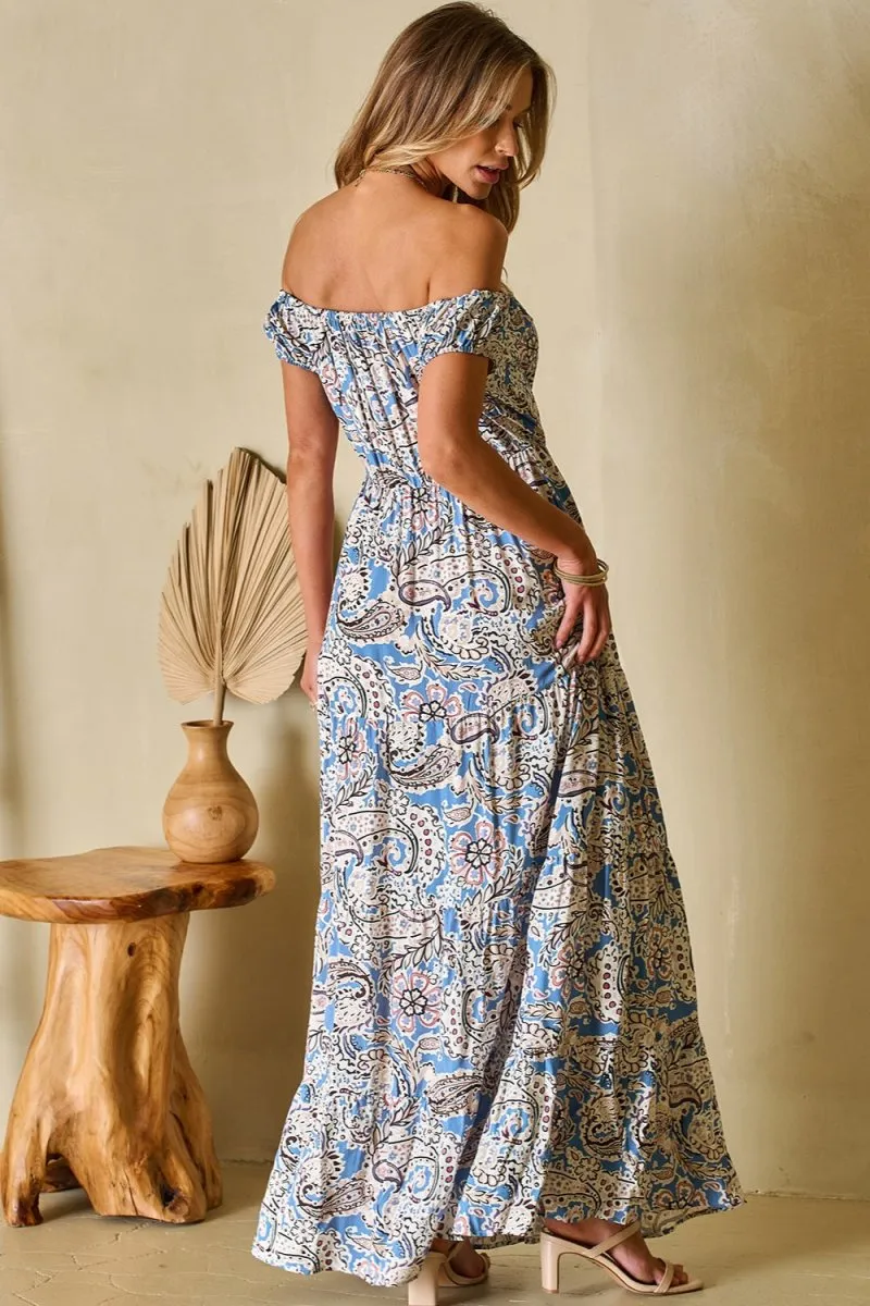 Printed Off The Shoulder Maxi Dress with  Short Sleeve